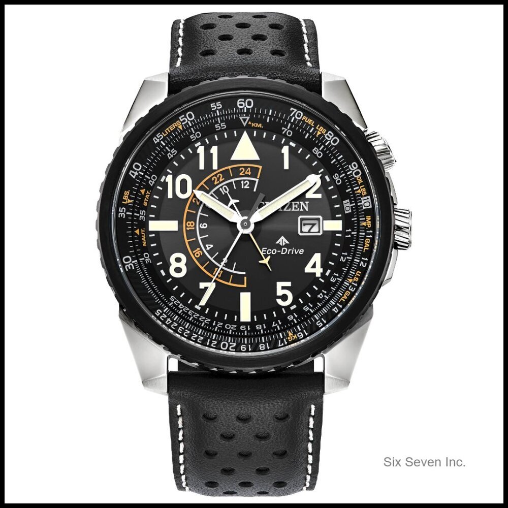 Eco-Drive Promaster Nighthawk Watch Black Leather Strap Dual Time Zone Classic
